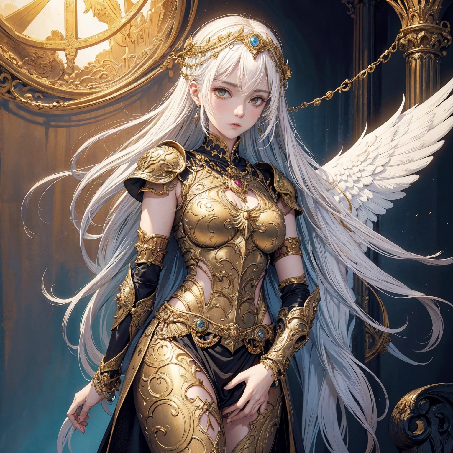 Art of middle age woman wearing sun crown, wearing ornate breastplate that exposes a small amount of skin above the chest, a pair of armored angelic golden wings spread out behind the woman, ancient goddess art, Sacredness. Very detailed, Mysterious inspiration, Inspiration from the Sun God, Religious inspiration, Cold and snobbish face, No smile, Dangerous impersonal expressions, White hair, Standing, Full body portrait, Gothic art style, Weird art style, Occult art