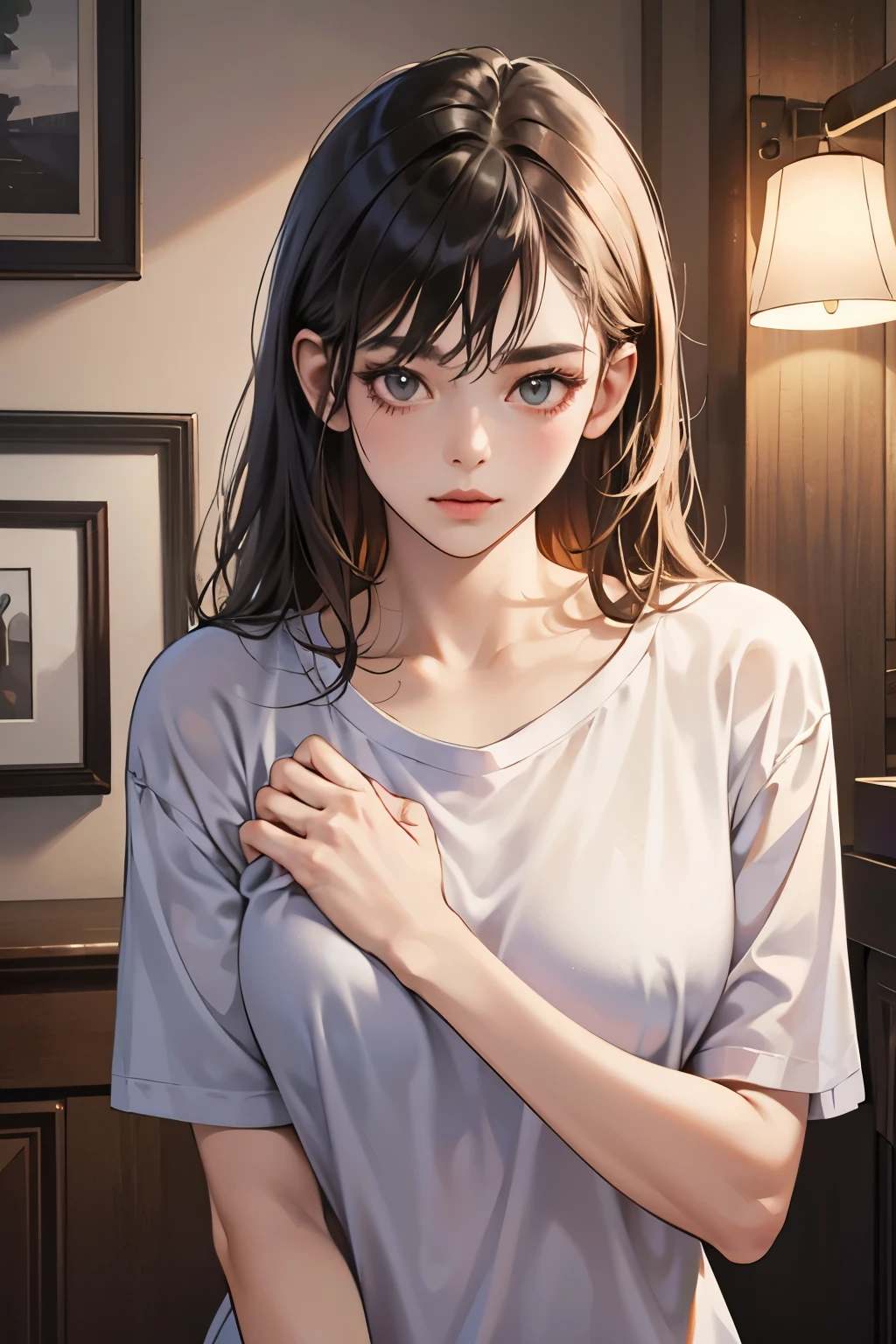 Best quality, best resolution, detailed depiction, delicate depiction, diverse lighting, masterpiece, ultra-high resolution, photorealistic, best quality, 8K, perfect, a girl who is too cute like a cat, her pose is like an animal, a loose T-shirt,