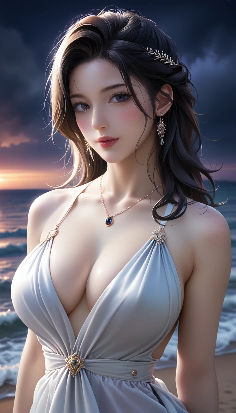 score_9, score_8_superior, score_7_superior, (Masterpieces with up to 16K resolution:1.5),Highest quality,it is really amazing,Very detailed,Ultra-high resolution,(Ultra-realistic:1.1),Realistic,Increased depth of field,Cinematic lighting,
(Elegant Japanese MILF:1.1),
Long black hair,(Ultra-detailed and beautiful faces:1.4),Translucent white skin,Very detailedな肌,
(Elegant swimwear:1.3),
Artistic design,Beautiful and detailed pattern,Detailed fabric texture,
Gorgeous necklace,Earrings,
(A pitch black night sky with dark clouds:1.5),
(A desolate and fantastical sandy beach:1.5)
(Dramatic Angle:1.3),