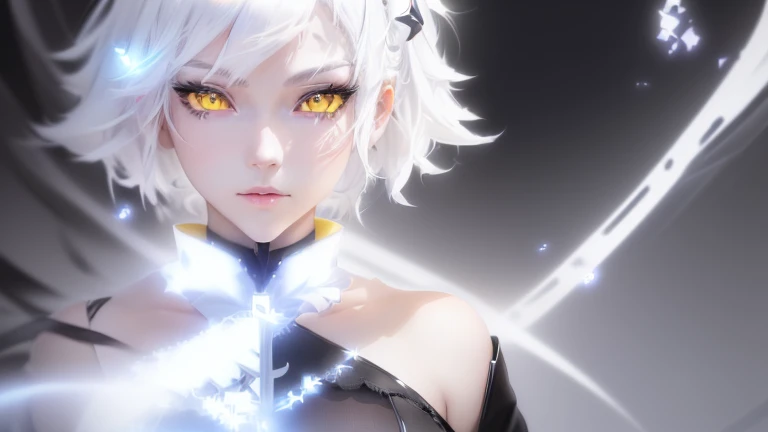 Anime girl in a black dress with white hair and yellow eyes, With glowing yellow eyes, detailed Digital anime art, Stunning Anime Face Portraits, Digital anime art, Glowing white eyes, Detailed Anime Character Art, Anime Style 4k, 2b, 2b ..., Girl with white eyes, advanced Digital anime art, Devil Anime Girl, White-haired God, Glowing white eyes