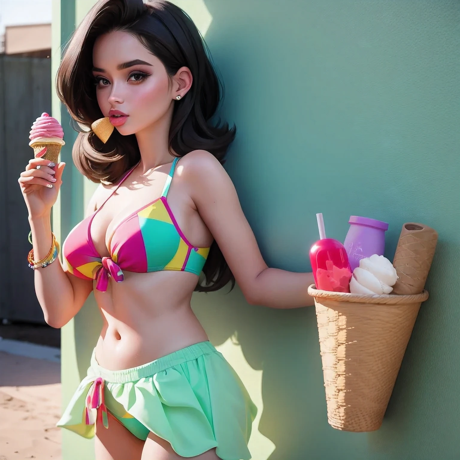 araffe1 girl in a bikini eating an ice cream cone, eating ice cream, in a bikini, angela white, giorgia meloni, katy perry, in bikini, eating ice - cream, wearing spandex bikini, ice cream on the side, bikini, ice cream, wearing a bikini, candid photo of dirty, shiny plastic bikini, candid shot, cone, 1 girl, solo,in a green dress standing by a wall,portrait of female idol,