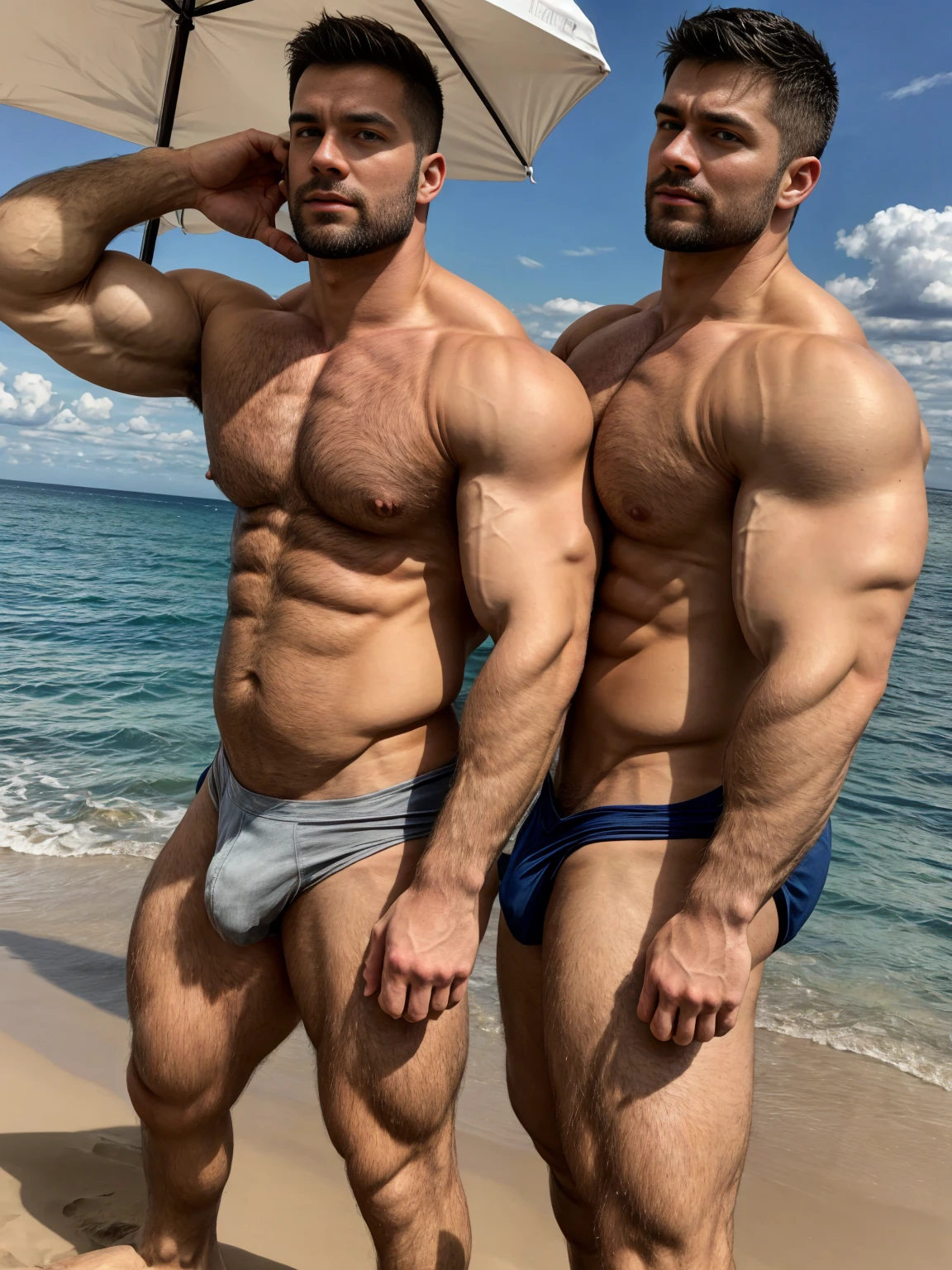 Ultra wide angle,(Medium shot of two handsome guys),twin,Male love,plump breasts,swelling of chest muscles,Full chest muscles,swelling of chest muscles,Sweat,Skin is moisturized and shiny,(face slimming),small head,short hair,beard,Sexy and charming expression,gloomy eyes,blue eyes,Naughty and cool,Handsome and cool guy, (Topless), ultra thin pantyhose,Big bag highlights,(Full chest muscles),(breast muscle swelling),Chest and belly hair,Topless,Skin smooth and hydrated,fiery, Super Sexy, Behind him is the sea, standing on a sandy beach by the ocean,There are flying fish and dolphins in the water,of a Topless, member, Very sexy,Blue sky and white clouds, member, looks hot, Strong smoldering, Attractive and good looking, 30 years old, Attractive man, sexy masculine, 8k reality, Ultra-detailed photos, Bulger j8,Perfect hand details,Perfect facial details