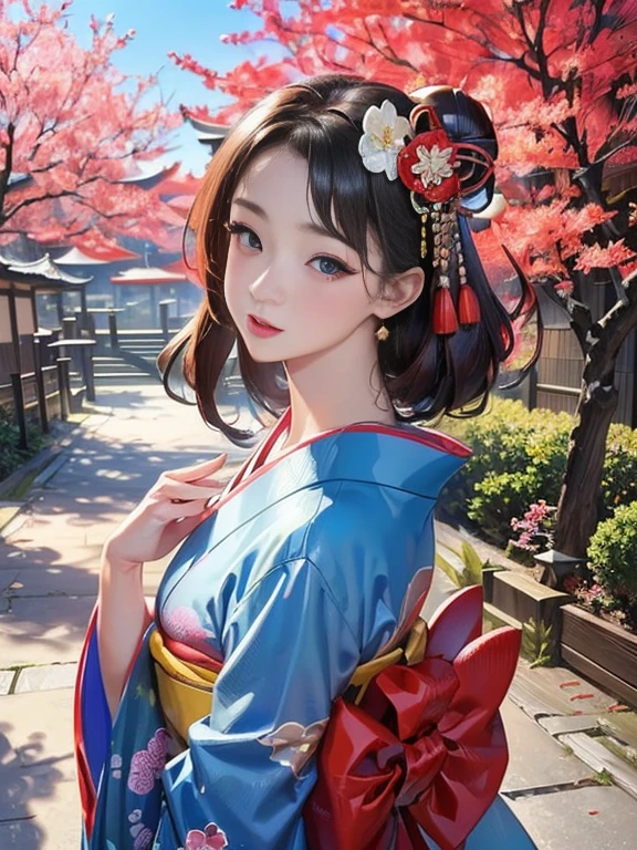 (Highest quality、 8k 、masterpiece、High resolution)、 Japanese painting、Vibrant colors、A woman wearing a kimono、Hands on chest、(Highly detailed face and eyes,Beautiful Face,Beautiful Eyes,Beautiful nose,Pretty lips)、Dynamic painting technique、Japanese garden、Autumn scenery、autumn leaves、Starry Sky、Detailed Description、