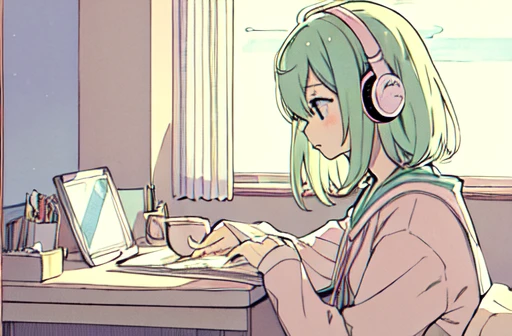 pastel colour、Beautiful girl studying at desk in room while listening to music on headphones、wireless、Coffee cup、 quiet night,Japanese anime