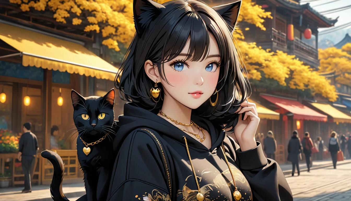 very beautiful girl, there is a cat ride on her shoulder, the beautiful girl wearing hoodie, black cat wearing gold necklace, half body, 8k