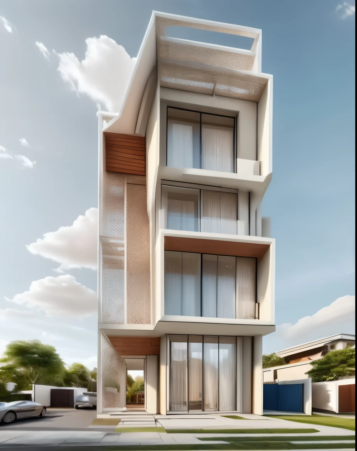(townhouse in city, close house, and tree), daylight (best quality) ((high solution)) ,((photo realistic)) , warm light, (Sharp focont view of townhouse in style of modern, small house, Narrow area, Vietnam, facade, curved arch, beautiful facade, curved windown, narrow and long, tow - storey, mutual coloursm, soft lightig, warm atmosphere, high Resolution, hyper derailed, 4k, vray render, octane render, hyper realistic, photography expert, exterior design, professional photography, exterior photography, wide-angle shot, ultra detail, high Resolution, full frame, full body, The blue sky with white clouds is very artistic