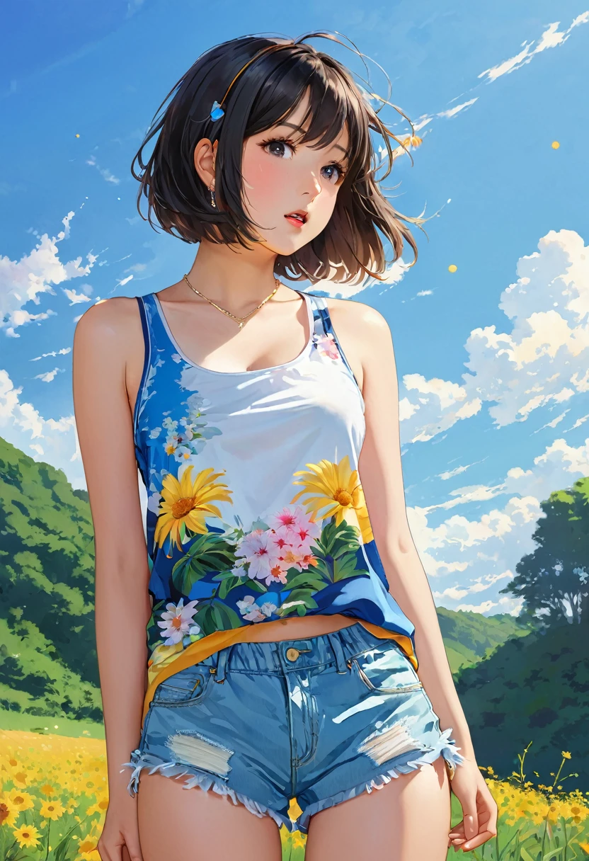 (masterpiece:1.2), Highest quality,Pixiv,Surprised girl,Portraiture,Tank top、18-year-old、Immediately after intense sex、Ecstasy、((((Midsummer clothes、Full body portrait))))、Shorts、Pop Art