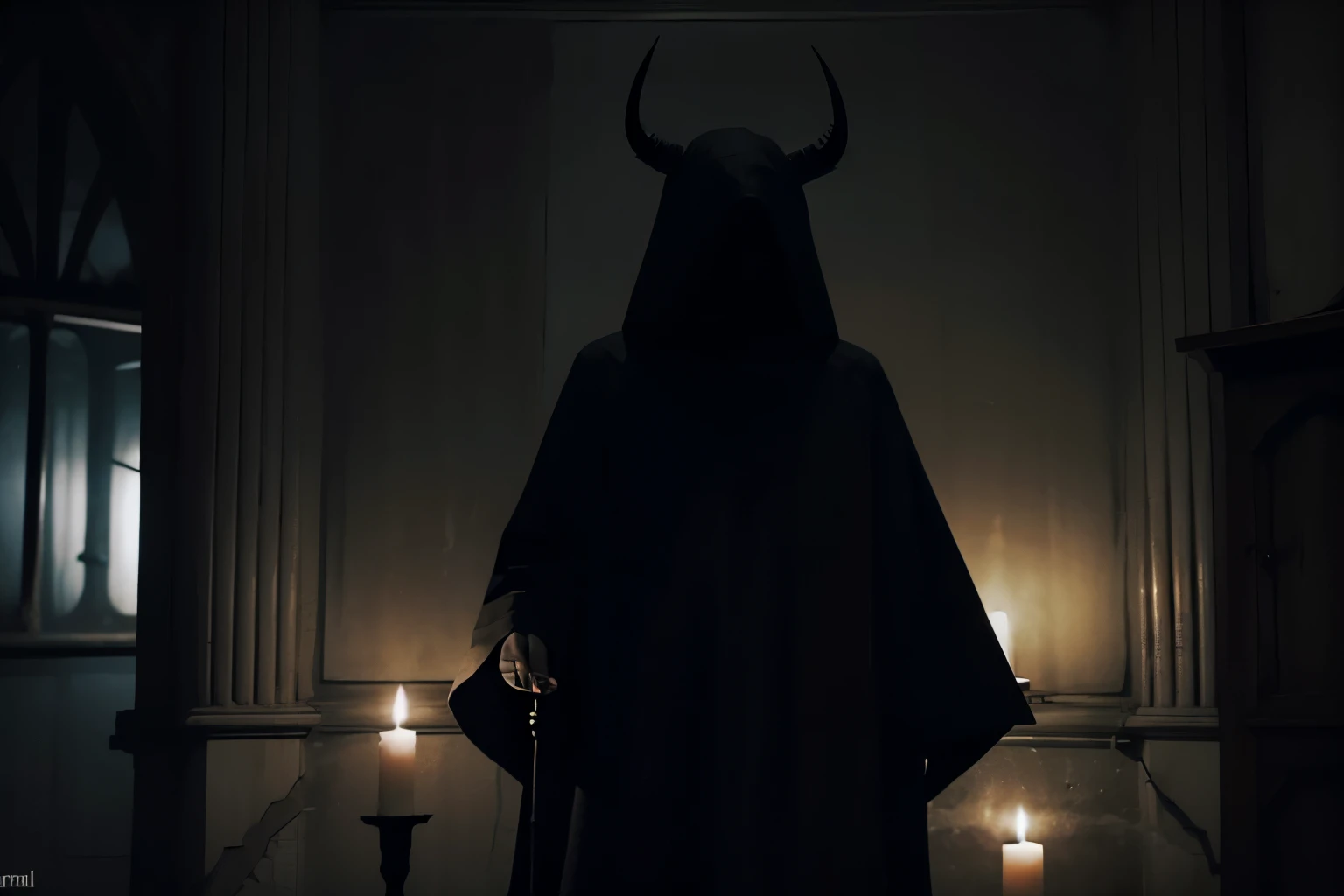 occult ritual, hooded figures, dark robes, candlelit ceremony, eerie atmosphere, mystical symbols, ancient room, cult gathering, horns and masks, dim lighting, supernatural ambiance, haunting scene