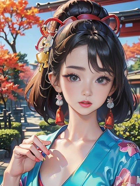 (Highest quality、 8k 、masterpiece、High resolution)、 Japanese painting、Vibrant colors、A woman wearing a kimono、Hands on chest、(Highly detailed face and eyes,Beautiful Face,Beautiful Eyes,Beautiful nose,Pretty lips)、Dynamic painting technique、Japanese garden、Autumn scenery、autumn leaves、Starry Sky、Detailed Description、