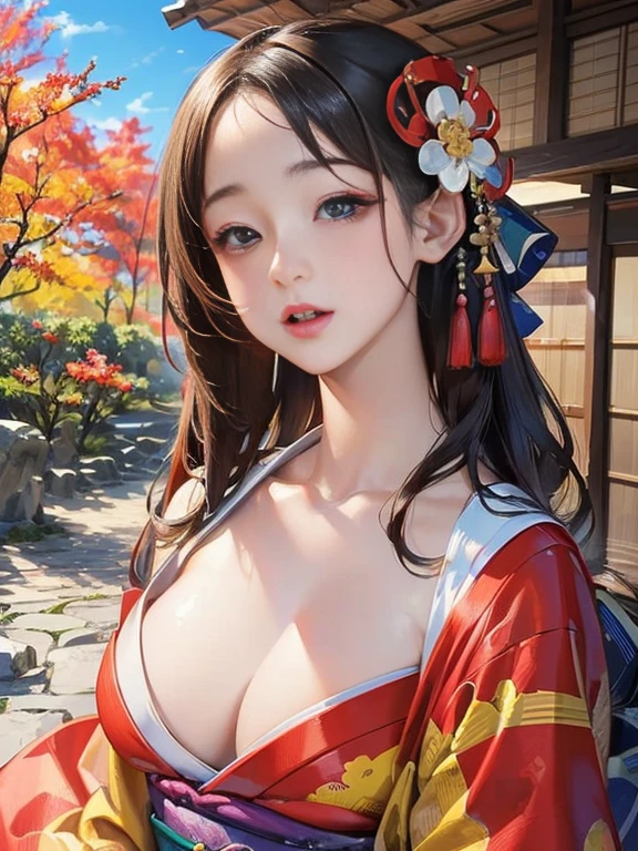 (Highest quality、 8k 、masterpiece、High resolution)、 Japanese painting、Vibrant colors、A woman wearing a kimono、Hands on chest、(Highly detailed face and eyes,Beautiful Face,Beautiful Eyes,Beautiful nose,Pretty lips)、Dynamic painting technique、Japanese garden、Autumn scenery、autumn leaves、Starry Sky、Detailed Description、