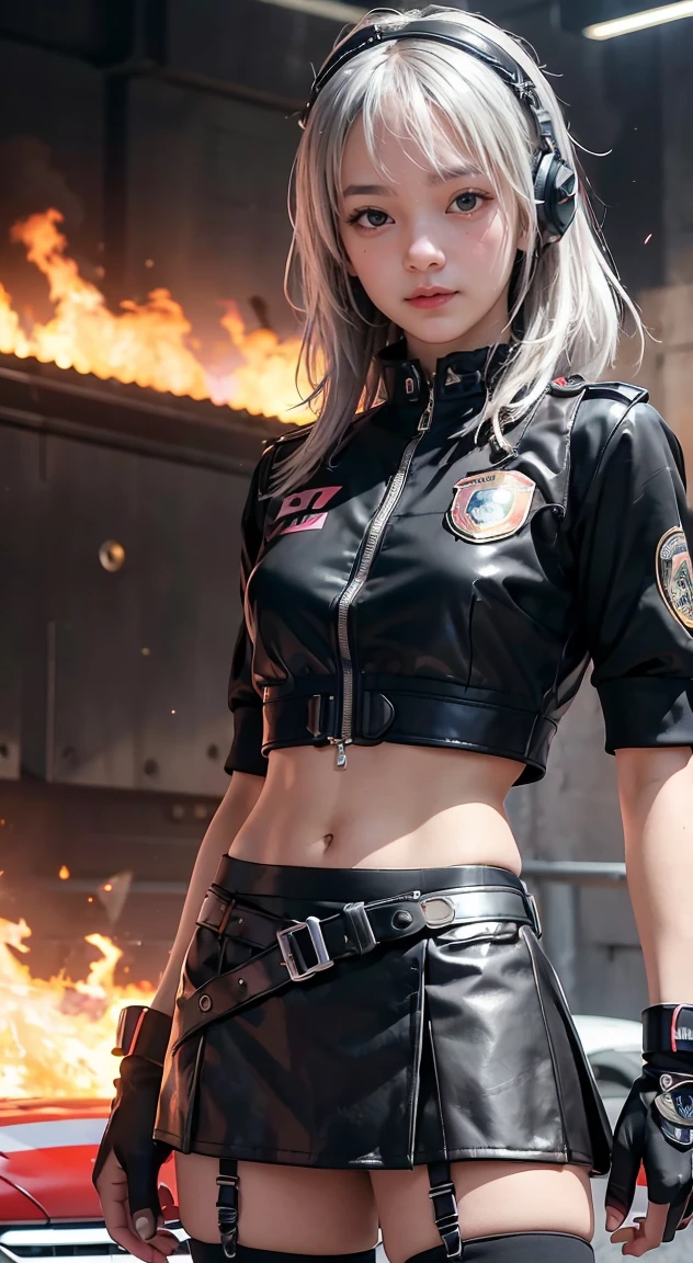 Lisa black pink,(Top Quality, Ultra High Definition, Photorealistic:1.4), (cowboy shot:1), 1 Beautiful Armed Girl, (Kpop Idol), Detailed Face, (Hair Style: long hair blonde:1, fullbang, shortbob-style:1), Contrapposto, Perfect Anatomy, ((wearing Futuristic Police Racing Suits, low-mini-skirt, police wappen, High-tech Headset, military harness, racing gloves, )), (Cloths colors based on silver pink black white), (background, crashed cars, fire, (Explosion)),