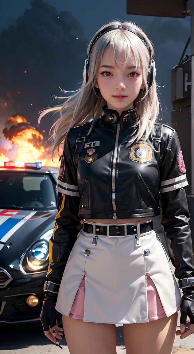 Lisa black pink,(Top Quality, Ultra High Definition, Photorealistic:1.4), (cowboy shot:1), 1 Beautiful Armed Girl, (Kpop Idol), Detailed Face, (Hair Style: long hair blonde:1, fullbang, shortbob-style:1), Contrapposto, Perfect Anatomy, ((wearing Futuristic Police Racing Suits, low-mini-skirt, police wappen, High-tech Headset, military harness, racing gloves, )), (Cloths colors based on silver pink black white), (background, crashed cars, fire, (Explosion)),