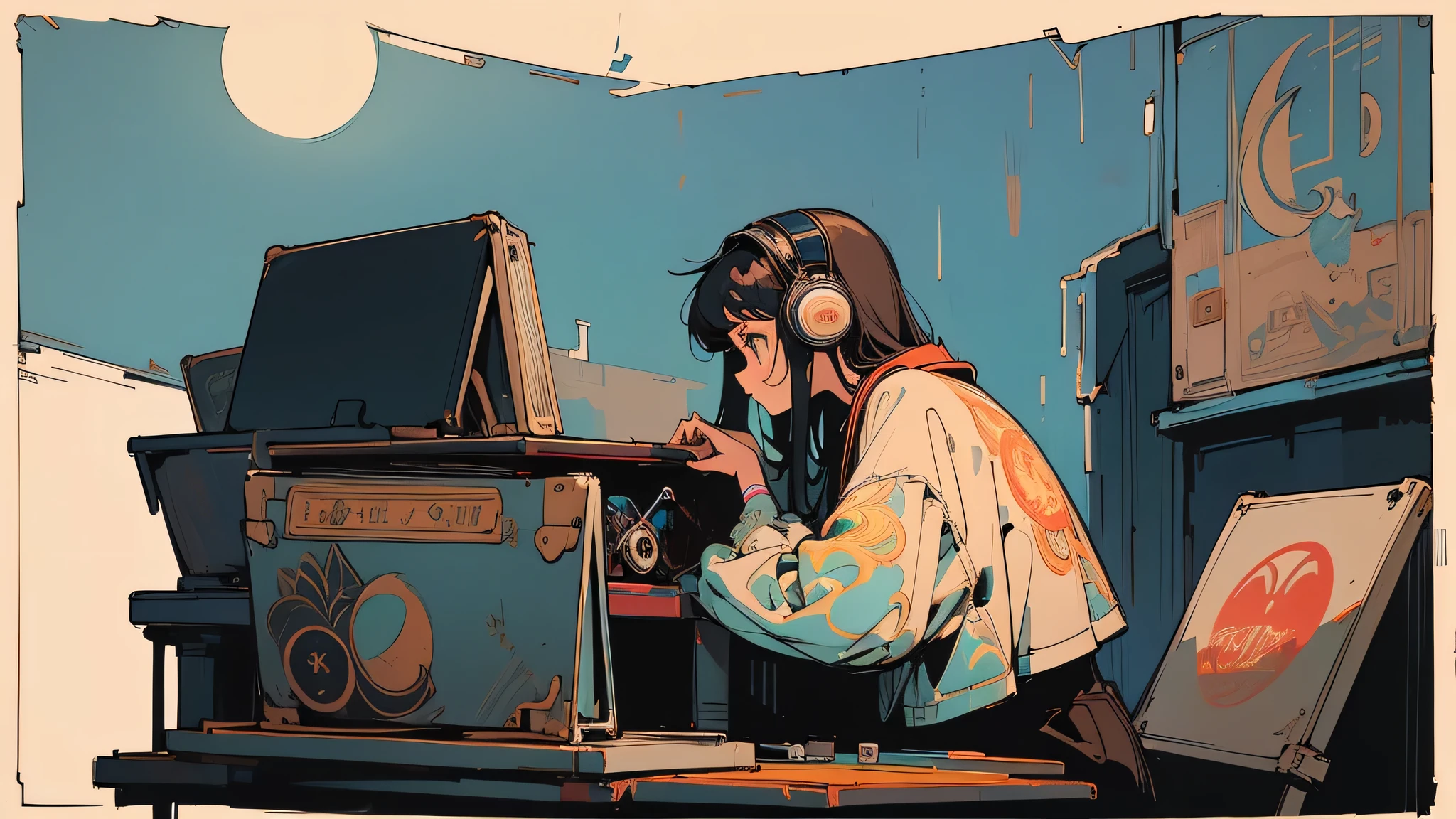 (moon:1.3), (Long Shot), Wide Shot, (Noise Film), Old cartoons, (Lots of records:1.3), vinyl record shop, (masterpiece, Highest quality, Highest quality, Official Art, beautifully、aesthetic: 1.2), (Woman listening to music with one headphone), Very detailed, (Fractal Art: 1.4), Best details, guitar, (Note: 1.4), ( Lo-fi hip hop), Side view, Old Anime Texture, alone, speaker, cyber punk, vinyl