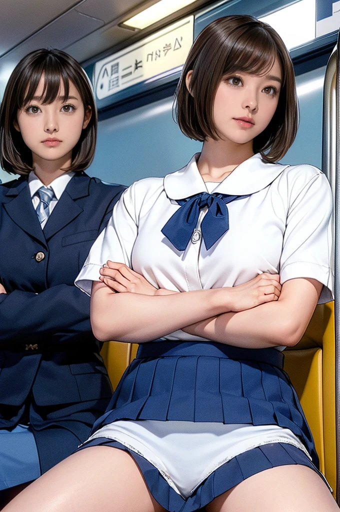 High-definition images, atmospheric perspective, 8K, Super detailed, Accurate, highest quality,
1 girl, alone, chest, looking at the viewer, (look at the audience,:1.5),
brown hair, brown eyes, parted lips, smile slightly、underwear, panties, (japanese school uniform),
(navy blue mini skirt), (sit on a train seat:1.5), (spread your legs to the side:1.4)、underwear, panties, parted lips,
lips, (navy blue skirt), full body shot, (((spread your legs, crossed arms))), showing sexy 、(whiteの panties:1.5), realistic ,
(white, collared shirt, ribbon tie),
(Do not expose your upper body:1.5),((Ceiling from below:1.2))、((from below:1.38))、
(turn your body toward the viewer:1.5) , (from below, look up:1.5), ((15 year old Japanese girl, short bob))