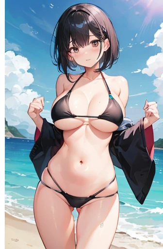 1 Japanese girl,blush, (the body is slim:1.2), (Huge breasts:1.1), (Thin legs:1.1), short hair, Black Hair, bikini, Beach,Long Hair