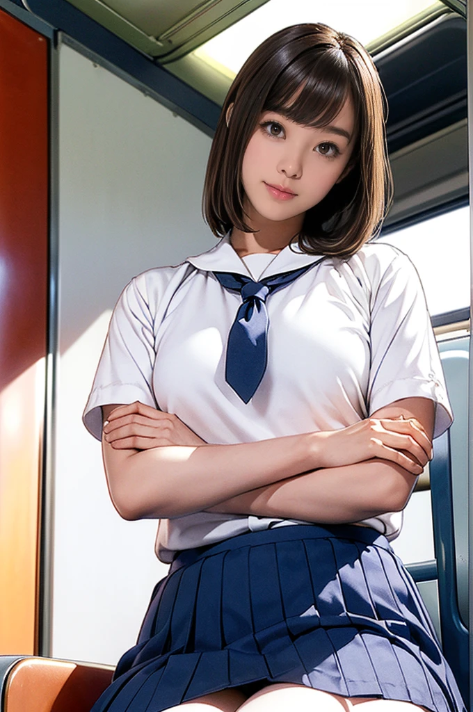 High-definition images, atmospheric perspective, 8K, Super detailed, Accurate, highest quality,
1 girl, alone, chest, looking at the viewer, (look at the audience,:1.5),
brown hair, brown eyes, parted lips, smile slightly、underwear, panties, (japanese school uniform),
(navy blue mini skirt), (sit on a train seat:1.5), (spread your legs to the side:1.4)、underwear, panties, parted lips,
lips, (navy blue skirt), full body shot, (((spread your legs, crossed arms))), showing sexy 、(whiteの panties:1.5), realistic ,
(white, collared shirt, ribbon tie),
(Do not expose your upper body:1.5),((Ceiling from below:1.2))、((from below:1.38))、
(turn your body toward the viewer:1.5) , (from below, look up:1.5), ((15 year old Japanese girl, short bob))