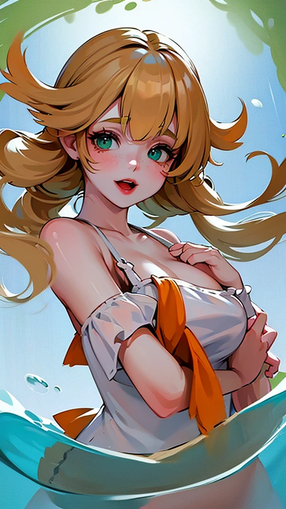 ((best quality)), ((masterpiece)), (detailed), 1 girl, 巨Large target乳房,Charming cleavage,White women, Large target, Bright green eyes, freckles on her face, Long straight orange hair，Gradient red downwards, Orange bangs on the forehead, In a pool of water in nature, Cute anime style