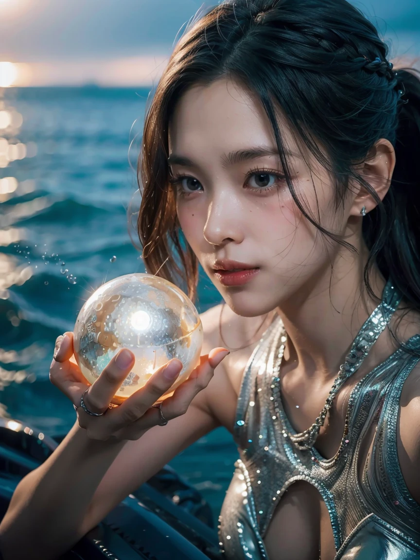 best quality, masterpiece, realistic, 1girl, goddess, messy [updo|hanging] hair, (full body:0.6), solo, (full body:0.6), looking down, detailed background, detailed face, Sc3pt4, sci-fi theme:1.1), mercury-wizard, melancholic, surrounded by waves of iridescent silver, alchemical imagery, reflections, silver-colored fluid, metallic sheen, shiny, dynamic pose, fluid movement, floating particles, droplets of mercury, flowing metal, blending mercury, foreign planet in background, dripping mercury formations, volumetric lighting, cinematic atmosphere, sharp details, high detail skin, realistic skin texture, perfect eyes