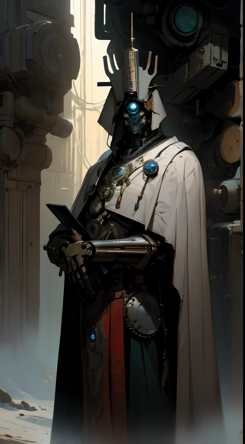 cyborg,((The face is like an exo from Destiny)),Shiny metal skin,mechanical body parts,Machine Cogs and Gears, (No mouth), [Scrupulous, Surgical precision],Church Style Background,Sci-fi art style,Vibrant colors,High resolution,Very detailed,Realistic lighting effects,Bokeh, Wearing a white robe, Cape, god々New pose, Two-eyed,