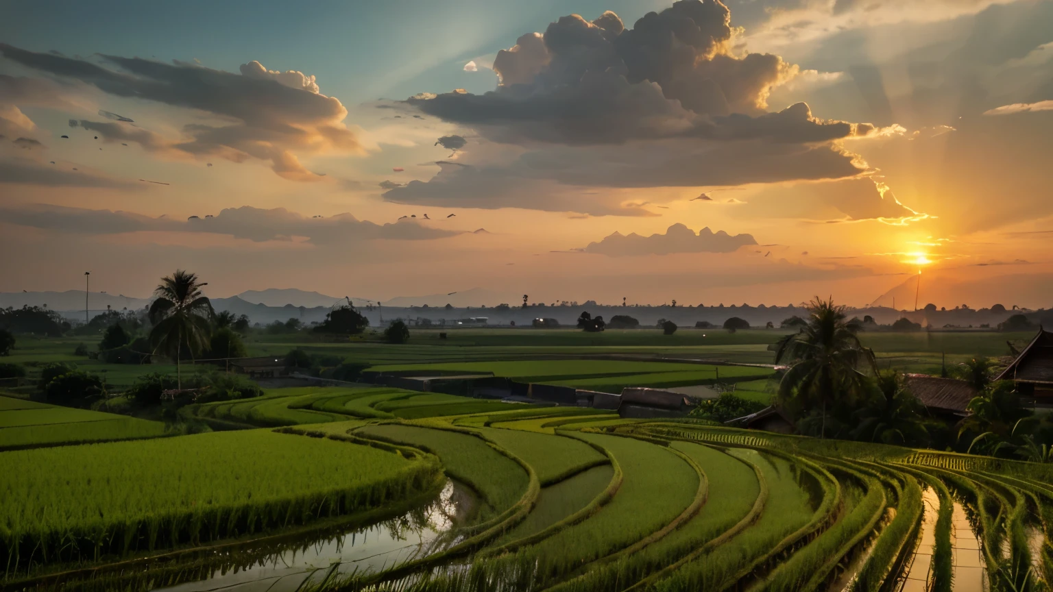 Green rice fields during the evening sunset in Thailand In the atmosphere of nostalgia