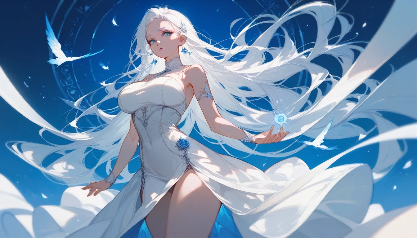 big breasted woman,white hair,blue eyes.blue eyebrows,White eyelashes,Wear a tight white dress.,to black calves,thigh,beautiful girl,spell