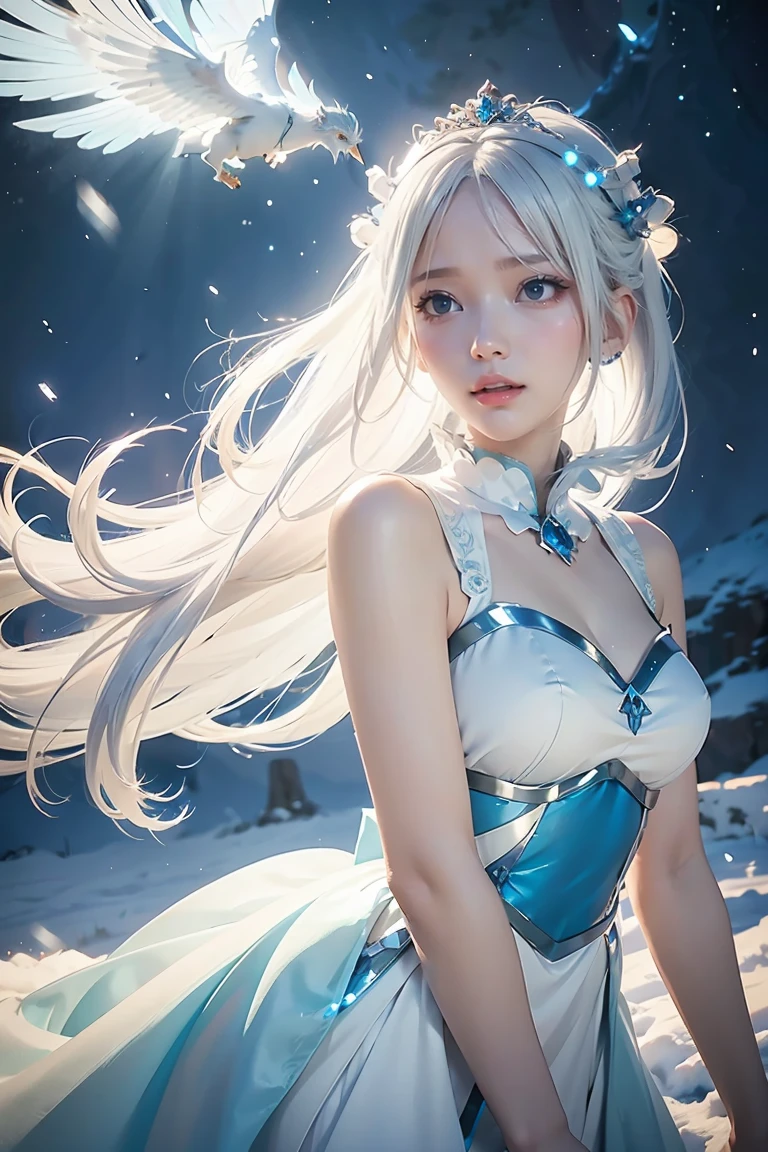 anime girl with long white hair and a blue dress in the snow, white haired deity, white hair floating in air, anime fantasy illustration, flowing white hair, beautiful young wind spirit, beautiful fantasy anime, glowing flowing hair, ethereal anime, beautiful anime artwork, beautiful digital artwork, anime fantasy artwork, ((a beautiful fantasy empress)), 2. 5 d cgi anime fantasy artwork