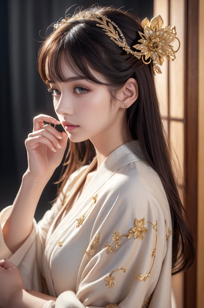 1girl, beautiful detailed eyes, beautiful detailed lips, extremely detailed eyes and face, long eyelashes, miko, white kimono, cute, side profile pose, holding scissors, golden hair ornament on the back of the head, small golden V-shaped hair ornament on the forehead, dark brown straight hair, hair not tied, holding scissors in right hand, holding scroll in left hand, black inner collar visible, (best quality, 4k, 8k, highres, masterpiece:1.2), ultra-detailed, (realistic, photorealistic, photo-realistic:1.37), digital painting, intricate details, highly detailed, ambient lighting, warm tones, detailed fabric textures, elegant, graceful