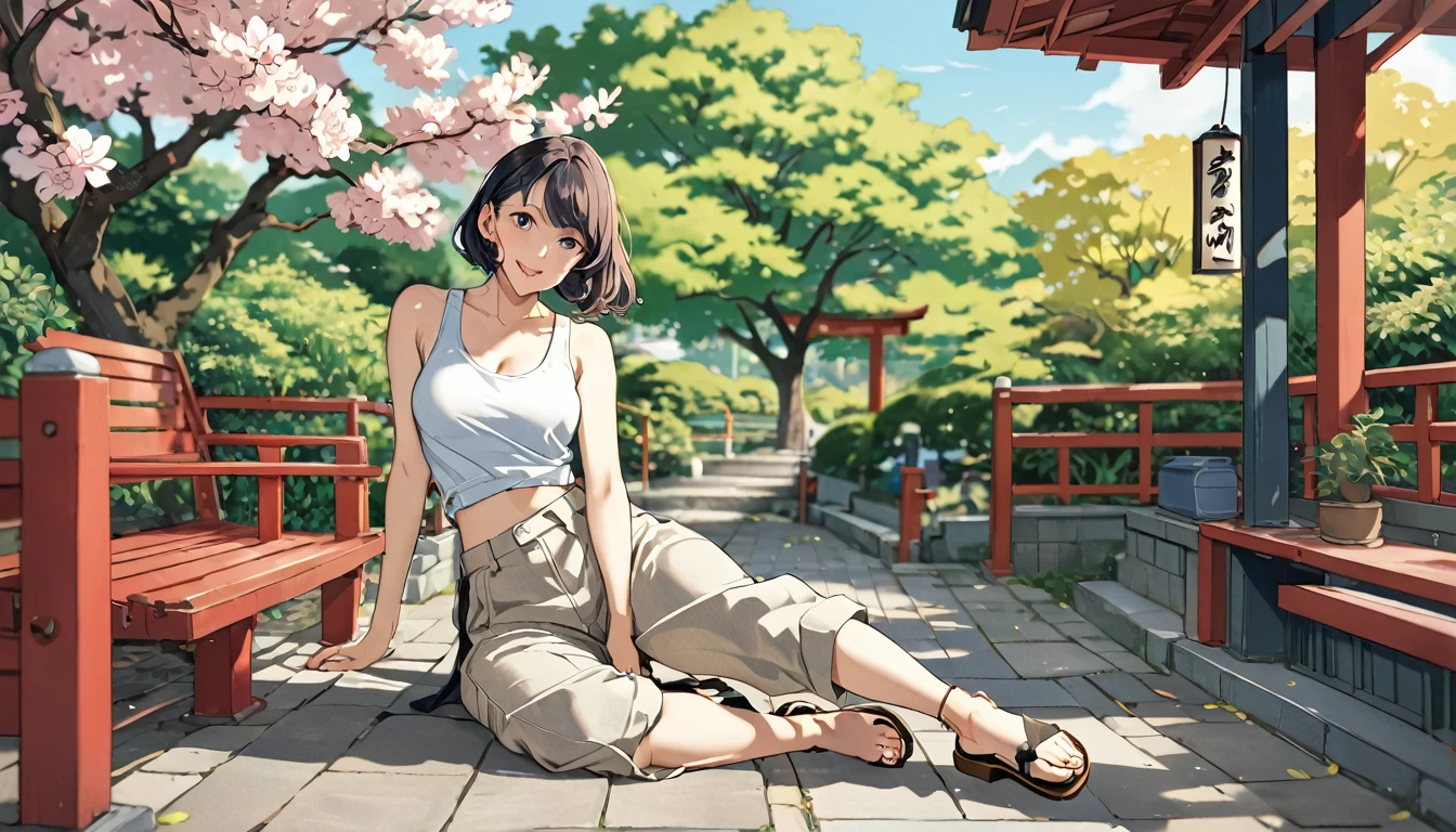 masterpiece, Great quality, Highest quality, High resolution, 4K, 8k, 超High resolution, 
Ukiyo-e art style, By Lela, by Yoneyama Mai, by Katsushika Åi
1girl, alone,  Linen pants, Tucked into a tank top, Sandals., stylish, Modeling Pose, A lively park, Joyful,
Top view,
