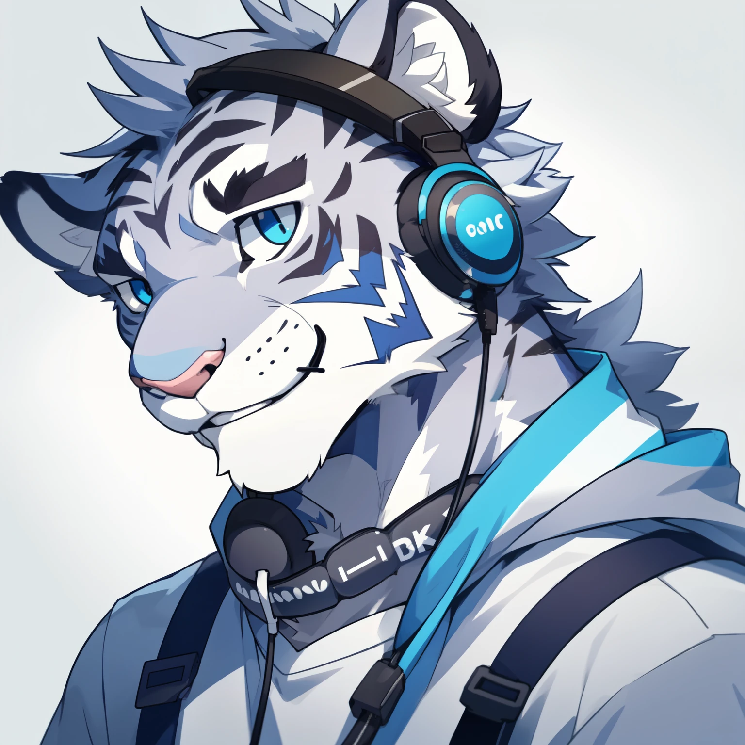 male, Furry tiger, Lovely, rich, Head only, rich, Solitary, Blue-grey fur,,Headphones hanging around neck,Casual Wear,Smile,Zoom in on facial details,