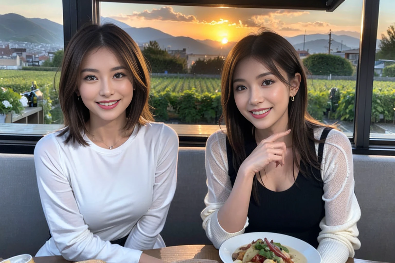 (Realistic:1.1),(masterpiece,Highest quality),8k,(44 years old), 47 years old, slimカップル、Model Couple、Actress/Actor、Tight waist,Upper Body,full-course dinner、wine 、Amazing view of the sunset sky and clouds、Perfect Anatomy, Brown Hair, short hair,Random Hairstyles,((Highly detailed face and eyes:1.2))(cute顔:1.4),Beautiful actress face,Perfect golden ratio face,Long sleeve shirt、dress,(smile:1.2)、Shortcuts、cute、(Realistic, Intricate details:1.2), A bright smile、short hair,Bright Face、赤wine 、Appetizers、Italian food、wine bottle、Champagne、スパークリングwine、(slimな顔), (The body is slim), (Brown Hair), (Shortcuts), Upper Body, 白wine, slim, wineグラス,