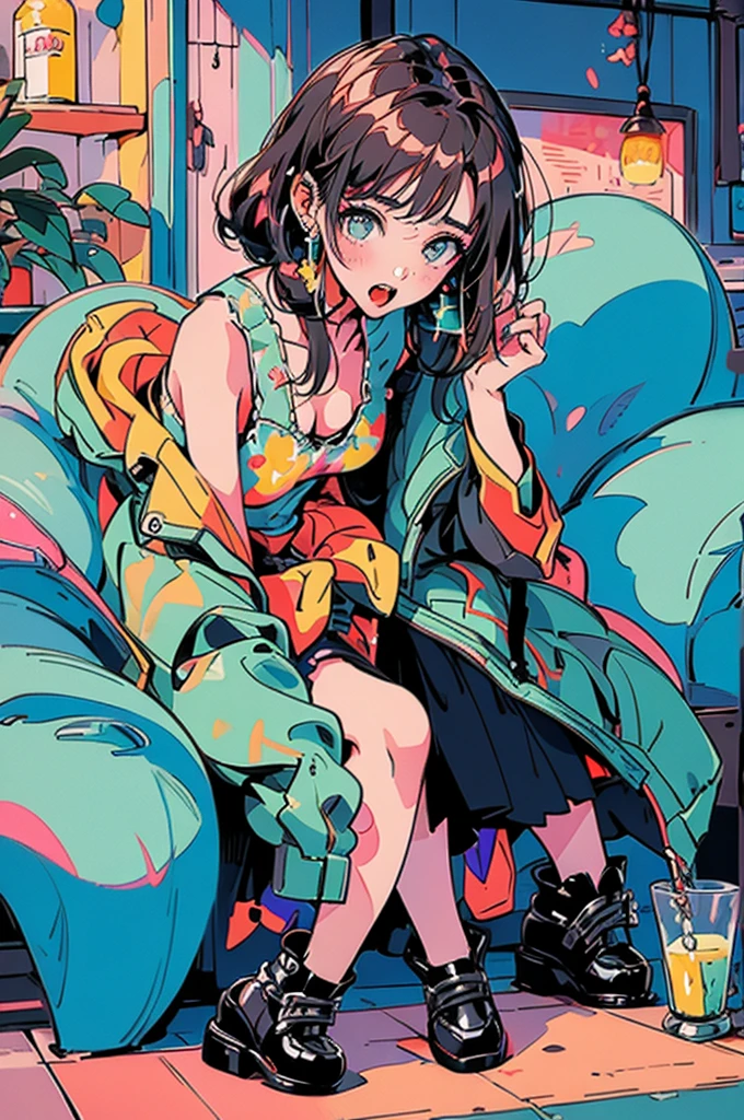 (masterpiece:1.2), Highest quality,Pixiv,Surprised girl,Portraiture,Tank top、18-year-old、Immediately after intense sex、Ecstasy、((((Midsummer clothes、Full body portrait))))、Shorts、Pop Art
