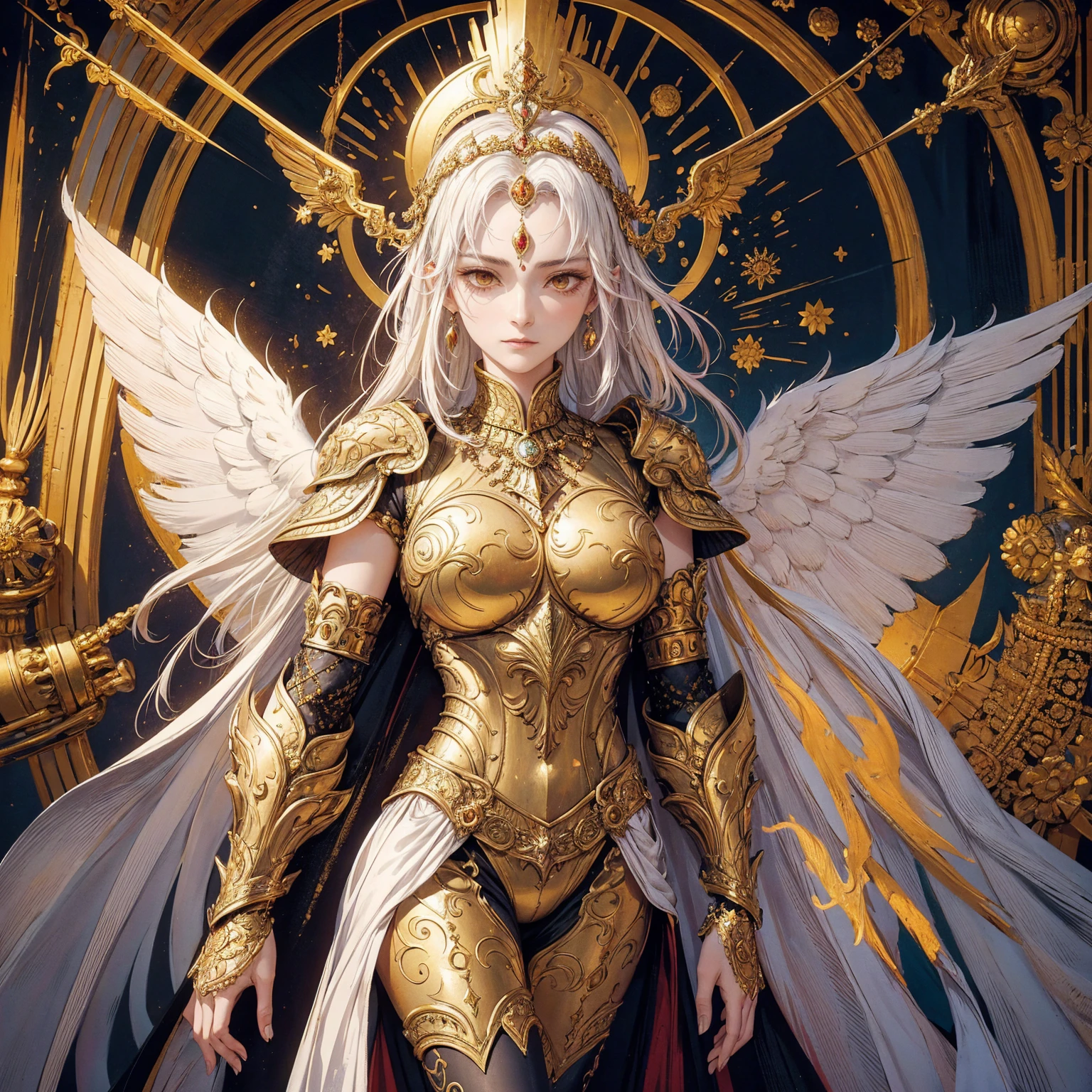 Art of mature woman wearing sun crown, wearing ornate breastplate that exposes a small amount of skin above the chest, a pair of armored angelic golden wings spread out behind the woman, ancient goddess art, Sacredness. Very detailed, Mysterious inspiration, Inspiration from the Sun God, Religious inspiration, Cold and snobbish face, No smile, Dangerous impersonal expressions, White hair, Standing, Full body portrait, Gothic art style, Weird art style, Occult art