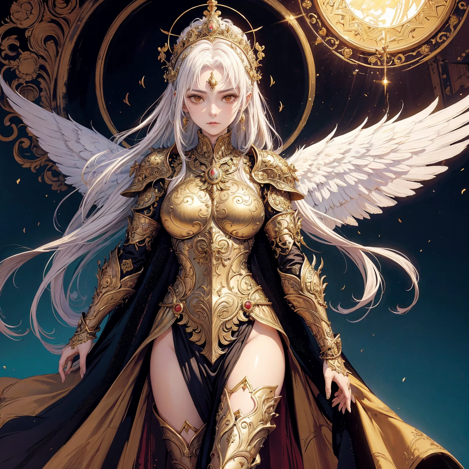 Art of mature woman wearing sun crown, wearing ornate breastplate that exposes a small amount of skin above the chest, a pair of armored angelic golden wings spread out behind the woman, ancient goddess art, Sacredness. Very detailed, Mysterious inspiration, Inspiration from the Sun God, Religious inspiration, Cold and snobbish face, No smile, Dangerous impersonal expressions, White hair, Standing, Full body portrait, Gothic art style, Weird art style, Occult art