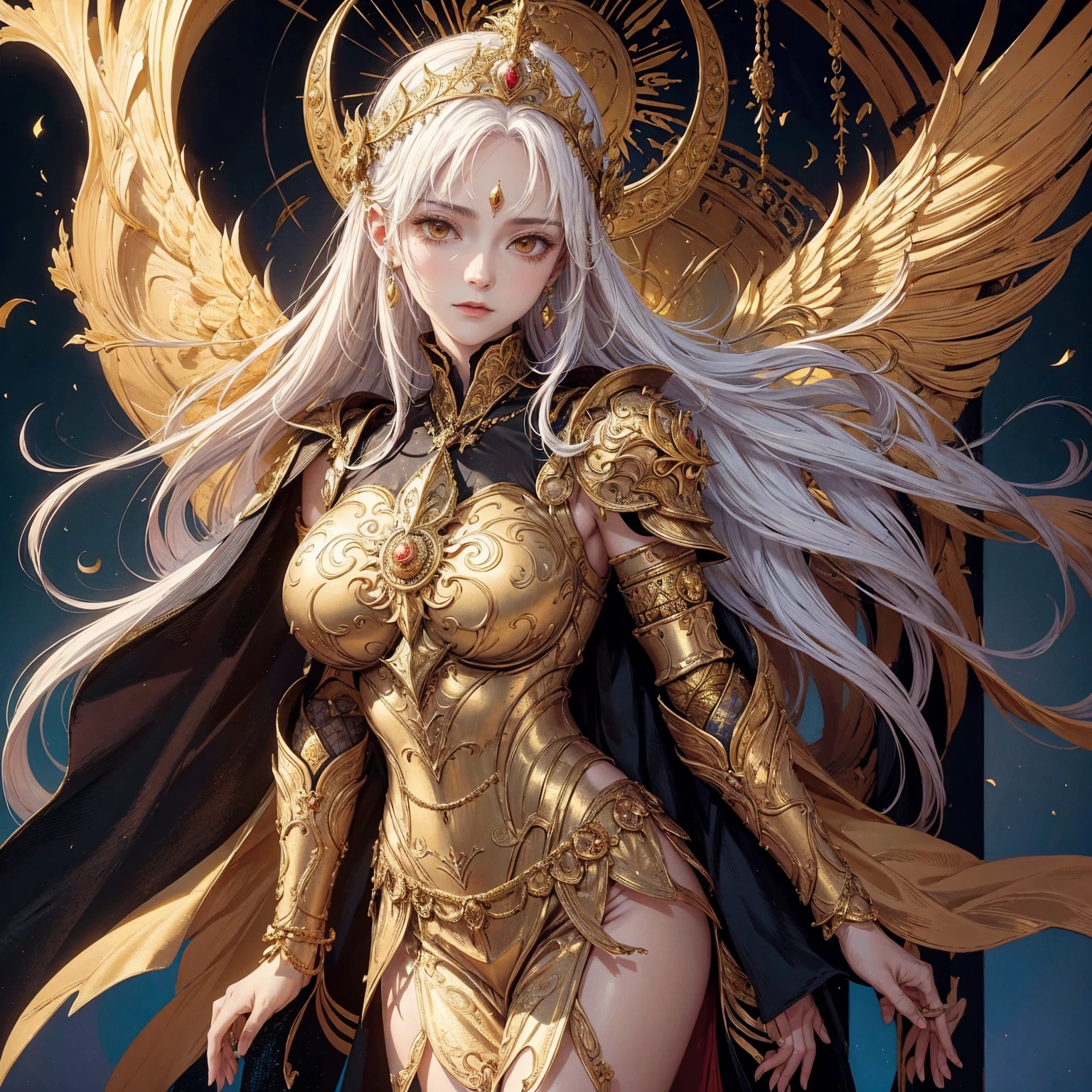 Art of mature woman wearing sun crown, wearing ornate breastplate that exposes a small amount of skin above the chest, a pair of armored angelic golden wings spread out behind the woman, ancient goddess art, Sacredness. Very detailed, Mysterious inspiration, Inspiration from the Sun God, Religious inspiration, Cold and snobbish face, No smile, Dangerous impersonal expressions, White hair, Standing, Full body portrait, Gothic art style, Weird art style, Occult art