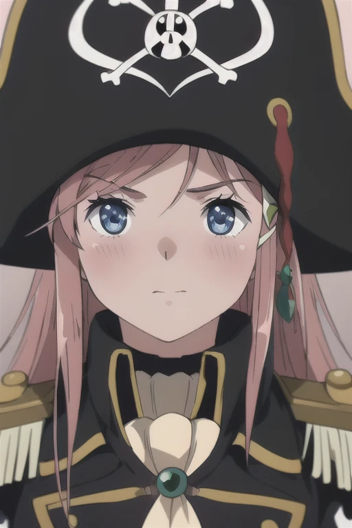 masterpiece, best quality, 1girl, detailed face and eyes, big breasts, Katou Marika, (black pirate costume), (black pirate hat), aroused facial expression, closed mouth, blush, close-up