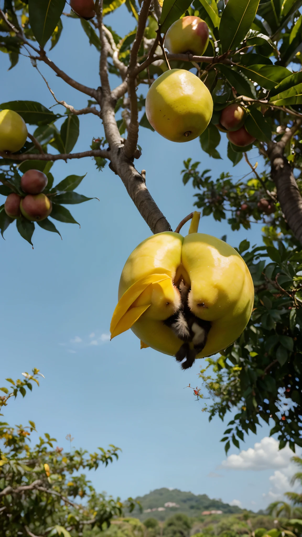 A tranquil mango field with lush trees and ripe fruit. In the middle, an adorable mango shape kitten is hanging on a tree, holding a mango in its paws and nibbling contentedly."
Visual Elements: Close-up of the cute mango shape kitten hanging from a tree branch, serene field background, vibrant colors of mangoes and trees.