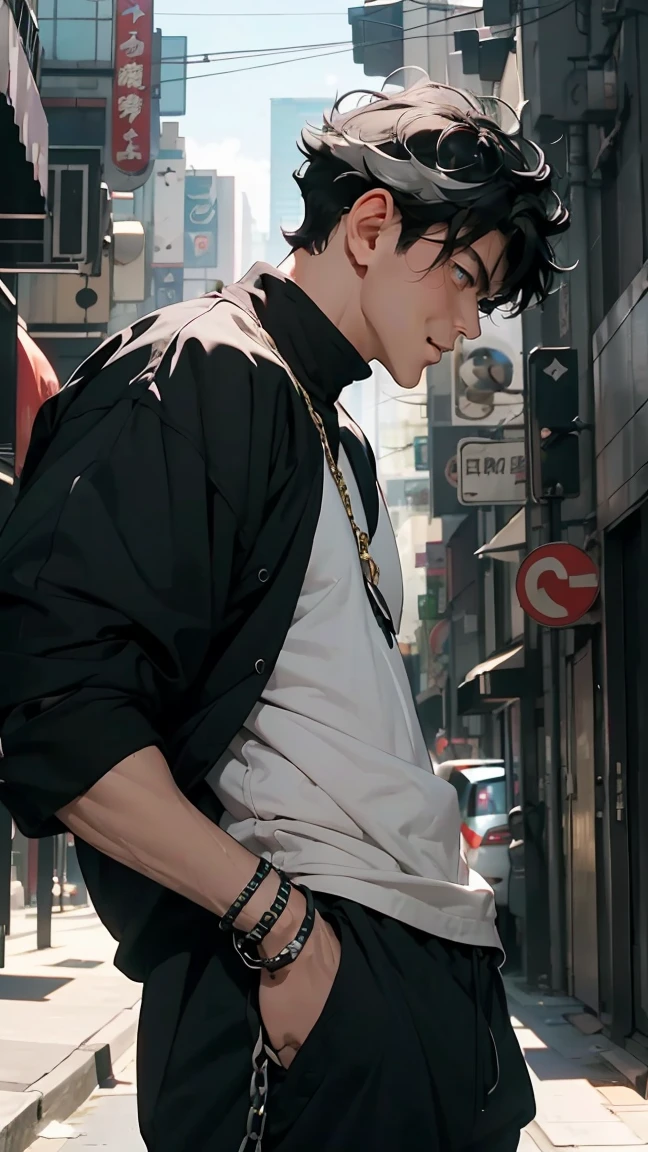 highest quality, 8K, high resolution image, anime style Jujutsu Kaisen, (Wriothesly/Genshin Impact), detailed strokes, bored look, blurry, purple light reflecting from it, (close angle), 1 man, young, male, model, Hand in pocket, Cool guy, multicolored background with different geometric shapes, around stickers, muscular, black hair, aqua eyes, multicolored hair, gray hair, highlighted hair, puffy chest. He is wearing a white Collared shirt, sleeves rolled up, suit and black sweatpants, black sweatpants and a gold link chain, sweatpants, background: big city, street