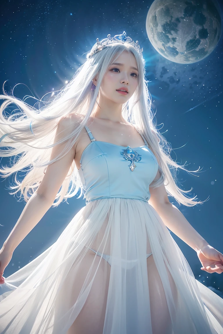 anime girl with long white hair and a blue dress in the snow, white haired deity, white hair floating in air, anime fantasy illustration, flowing white hair, beautiful young wind spirit, beautiful fantasy anime, glowing flowing hair, ethereal anime, beautiful anime artwork, beautiful digital artwork, anime fantasy artwork, ((a beautiful fantasy empress)), 2. 5 d cgi anime fantasy artwork