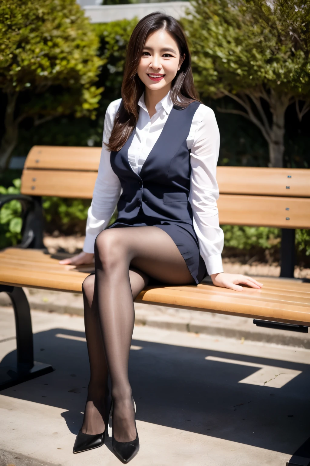 ulzzang-6500-v1.1, (RAW Photos:1.2), (Photorealistic), (Genuine:1.4), 1girl、Perfect Anatomy、48 years old、Looking at the camera、Medium Long Hair、Plaid vest、((Sitting on a bench:1.3))、(Ultra-realistic pantyhose:1.2), (High heels)、(Business services)、(A very loving smile:1.2)、