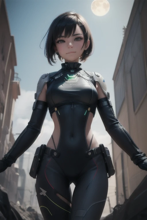 ((Highest quality)), ((masterpiece)), (detailed:1.4), 3d, detailedな筋肉のリアルなmasterpieceを持つカメラを見ている美しいサイバネティックガール, Beautiful cyberpunk woman image,High resolution (High Dynamic Range),Ray Tracing,NVIDIA,Super Resolution,Unreal 5,Scattered beneath the surface,PBR Texturing,Post-processing,Anisotropic Filtering,Depth of written boundary,Maximum clarity and sharpness,Multilayer Texture,Albedo and Specular Maps,Surface Shading,Accurate simulation of light-matter interactions,Perfect Proportions,Octane Rendering,Two-tone lighting,wide aperture,Low ISO,White balance,Three-part method,8K RAW, Active Pause, Action pose, Gold Parts, fringe, Short-haired, coastal,(A faint smile),(Background is Moon:1.1)(From below),masterpiece,8k,Silicone Skin, ((In-focus photo)), ((Focused photos))
