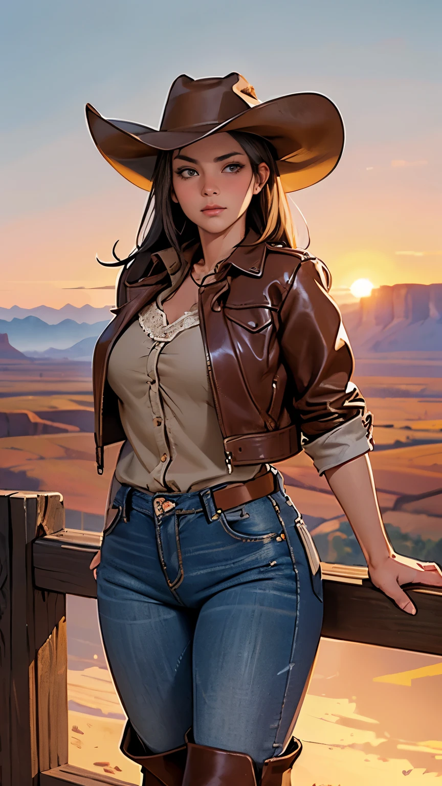 digital portrait, realistic depiction of the human body, RAW photo, one western cow girl, gentle gray eyes, plump lips, An ennui look, huge firm bouncing busts, Long brown hair, horse riding, (((Cowboy hat, Worn brown leather jacket, Lace shirt, Jeans short pants, Leather cowboy boots))), highest quality, super resolution, master piece:1.5, medium depth of field, 50ｍｍlens, cinematic lighting, Backlight, professional photographer, From the sky, Monument Valley, vast ranch, Sunset, sunset, Herd of cows, Riding a beloved horse