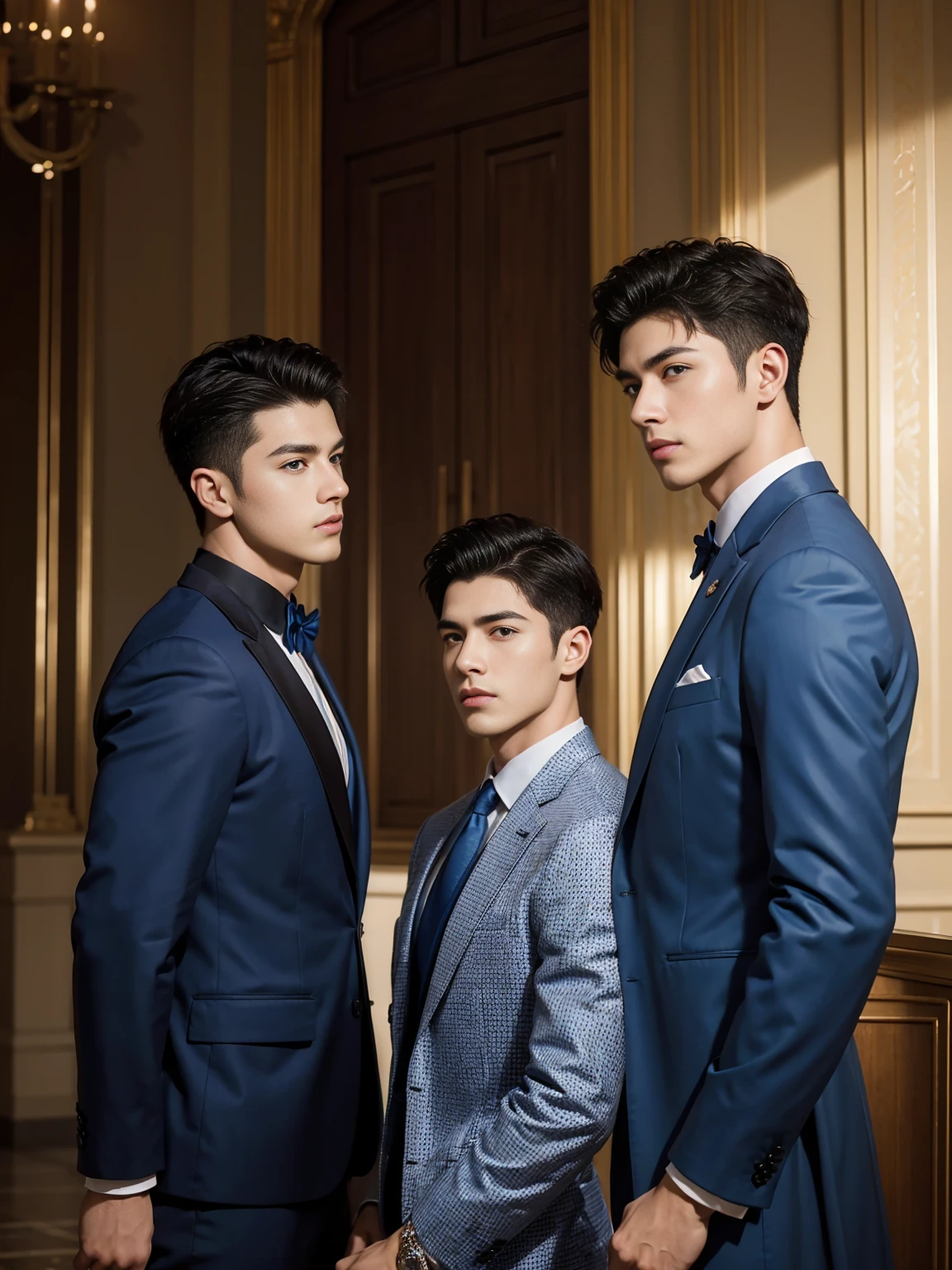 ((masterpiece)),((best quality)),8K,high detail,Very detailed, Very manly,3 men, like,fashion pose, Realistic skin texture, Light,
Royal blue style couple