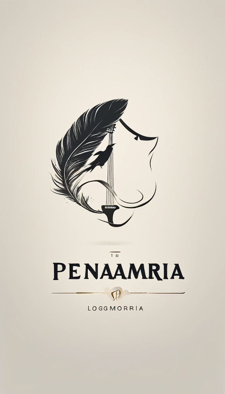 A minimal, modern, simple, cinematic logotype for the brand “Penamemoria". The logotype must be a simple, magical feather and a boy playing acoustic guitar. The logo must convey a sense of music, stories and dreams. Logo design impressed on a book cover. Minimalistic logo