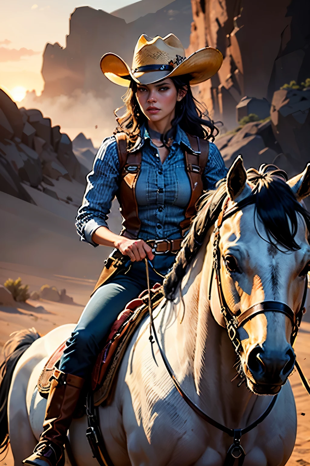 1. Cowboy, Cowgirl, Cowboy hat, western drama、lasso, horse, Ranch, sunset, desert, Action pose, Detailed face, (Highest quality,4K,8k,High resolution,masterpiece:1.2),Very detailed,(Realistic,photoRealistic,photo-Realistic:1.37),Cinema Lighting,Dramatic Shadows,Vibrant colors,Dynamic configuration