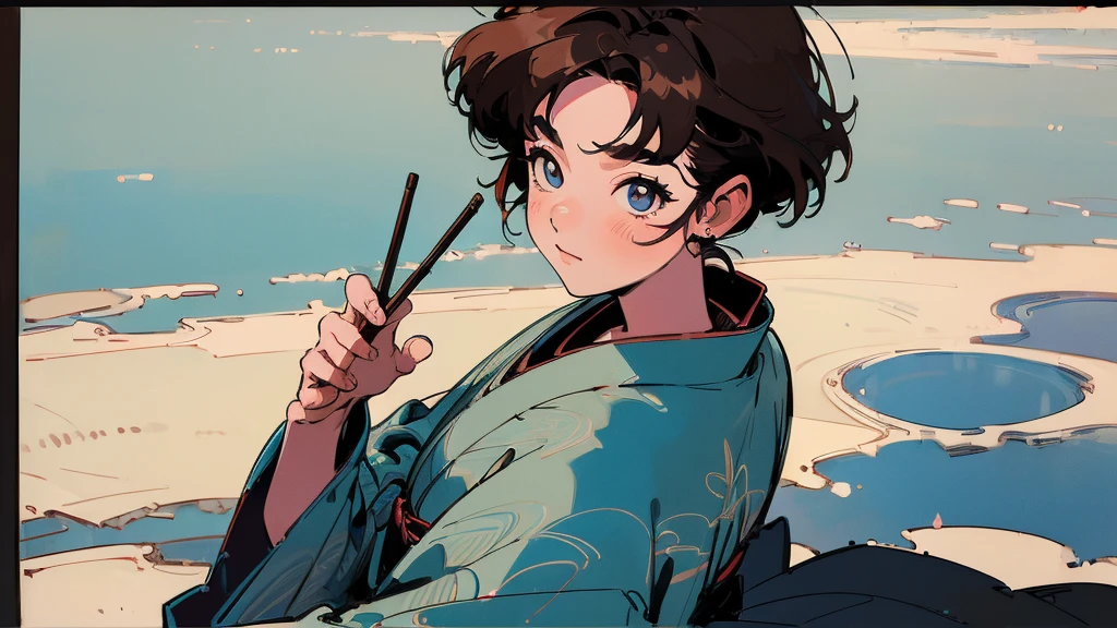 ((Highest quality, 8k, masterpiece: 1.3)), Highly detailed face and skin texture, Detailed eyes, Traditional Japanese Kimono, Blue kimono, Long-sleeved kimono, Brown Hair, short hair, Hairpin, From above, At a shrine in Kyoto