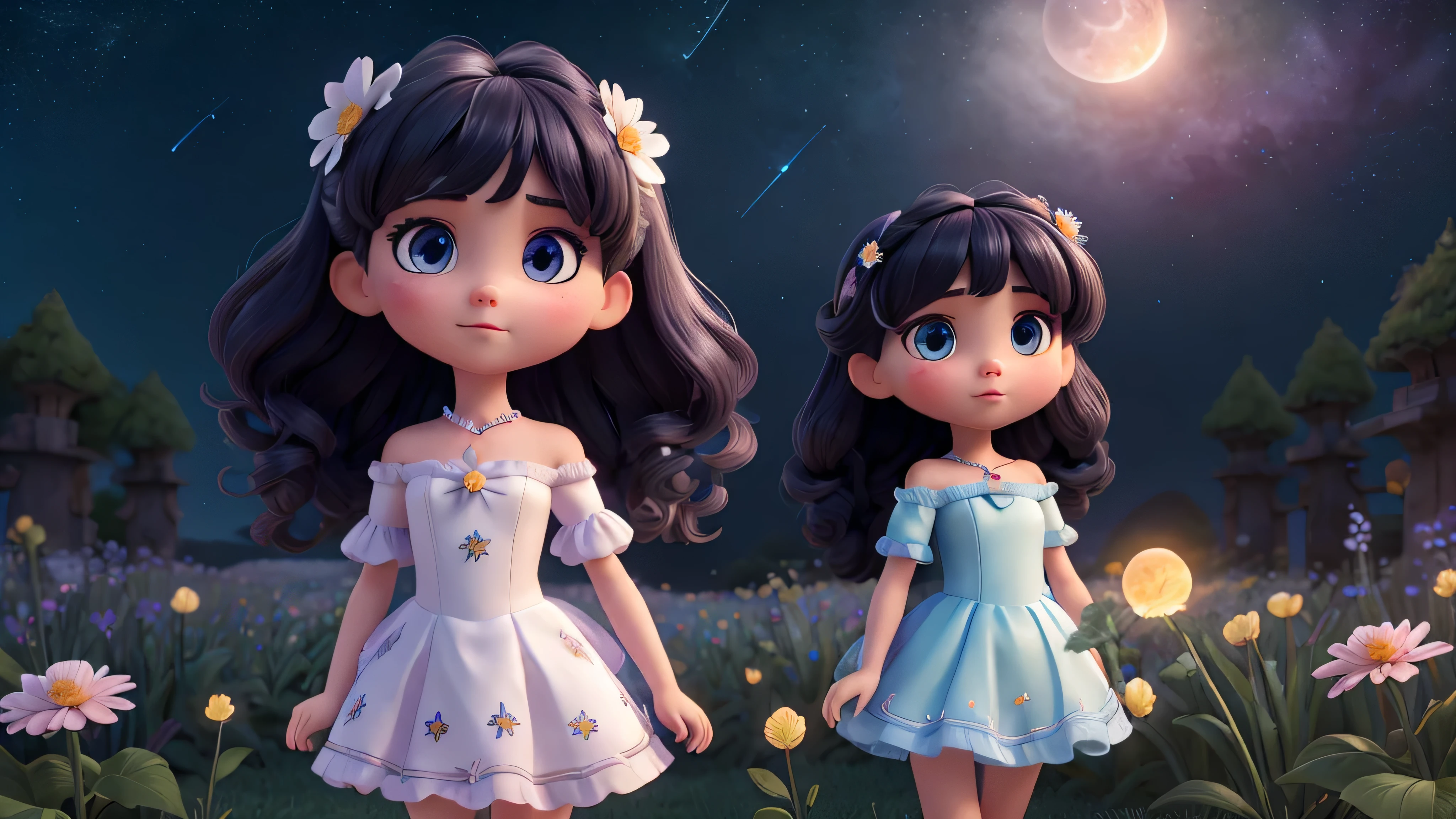 Impasto,Animecore,Moonbeams,Fairy light,Full Body Portrait,Nightography,Third-Person View,Full Length Shot(FLS), masterpiece,best quality,official art, extremely detailed CG unity 8k wallpaper,highly detailed,absurdres,8k resolution,Soft Lighting,Moody Lighting,Cinematic Lighting,Beautiful Lighting,prefect face,exquisite facial features,,adorable girl,doll,night,meteor shower,flower sea,muted color,partially colored,off-shoulder dress,white dress,slit pupils,beautiful detailed eyes,expressionless,long hair,black hair,swept bangs,long bangs,hair_flower,flower_petals,Bare shoulders,looking away,holding flower
