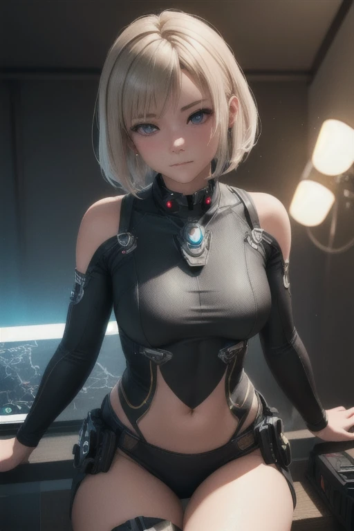 ((Highest quality)), ((masterpiece)), (detailed:1.4), 3d, detailedな筋肉のリアルなmasterpieceを持つカメラを見ている美しいサイバネティックガール, Beautiful cyberpunk woman image,High resolution (High Dynamic Range),Ray Tracing,NVIDIA,Super Resolution,Unreal 5,Scattered beneath the surface,PBR Texturing,Post-processing,Anisotropic Filtering,Depth of written boundary,Maximum clarity and sharpness,Multilayer Texture,Albedo and Specular Maps,Surface Shading,Accurate simulation of light-matter interactions,Perfect Proportions,Octane Rendering,Two-tone lighting,wide aperture,Low ISO,White balance,Three-part method,8K RAW, Active Pause, Action pose, Gold Parts, fringe, Short-haired, coastal,(A faint smile),(Background is Moon:1.1)(From below),masterpiece,8k,Silicone Skin, ((In-focus photo)), ((Focused photos)), ((Not blurry))