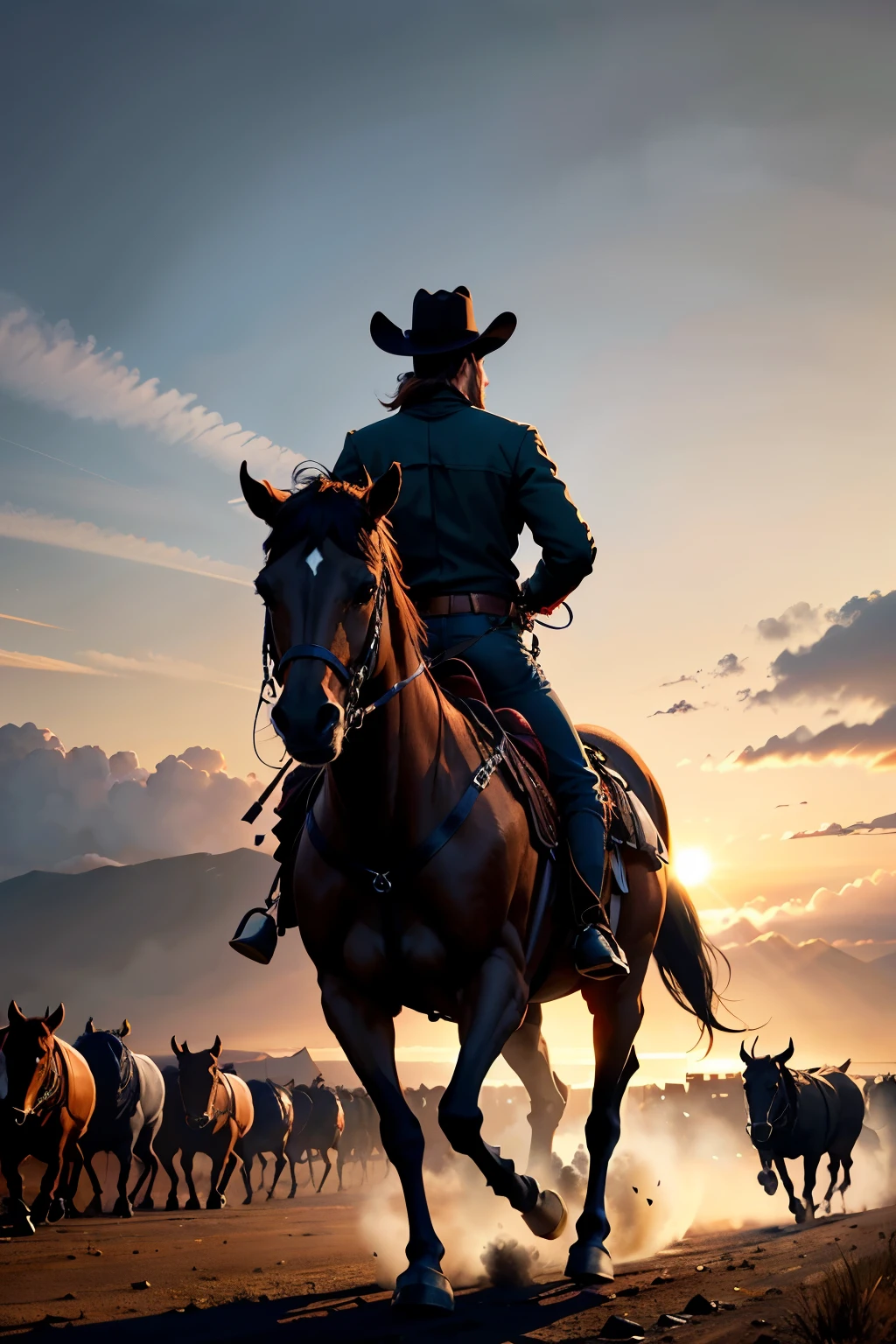 (masterpiece, Highest quality, Very detailed, Wide Shot), silhouette, (Western cowboy on horseback), He chases a herd of buffalo from behind towards the crowd., Wagon together, In the wilderness of western North America in the 19th century, With the sunset in the background, Dynamic Motion Blur, Cinema Lighting, Dynamic action scenes