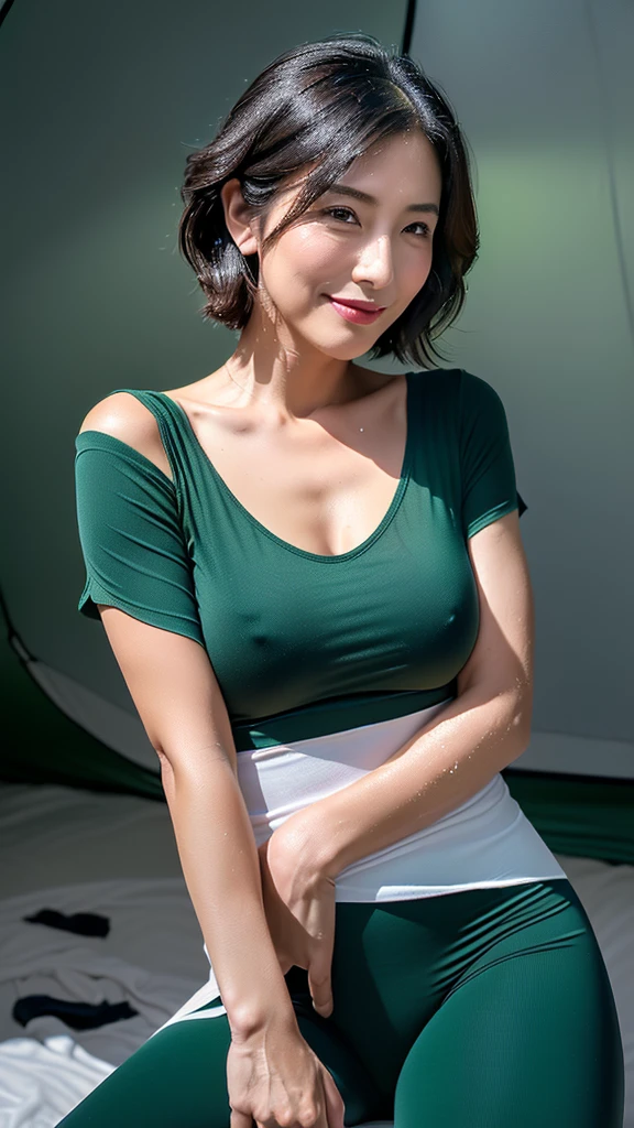 ((Highest quality)), ((masterpiece)), (detailed), Ultra cinematic, Blue hour, Ultimate ultra Photorealistic, ultimate high-quality 32k Leica M5 photo, A cowboy shot photo, a42yo ultimate beautiful & elegant Motherhood Japanese actress, looking at viewer, very embarrassed, much blush:1.9, 168cm,65kg,(She has a very intelligent and ultimate exquisite beautiful Japanese face&black eyes, pointy nose, ultra detailed face, ultimate exquisite nice-proportioned body and Décolletage and hips , black elegant&cute short bob, oval face, very blushing cheeks, very sweaty , ultimate well-proportioned face, seductive ­ smile, seductive large hips ,Curvaceous physique fascinating lovely body&Sensual proportions, black elegant cute short bob, very light naturally makeup:1.4), ((a simple ((green)) army deep v-neck t-shirts much drenched in sweat:1.4)),((1 ((pure white)) much wet transparent sheer leggings, ultra detailed camel toe and groin part vividly,Straddling a campchair :1.4)), ( in dark Inside the tent at the heavy rainy campsite:1.3)
