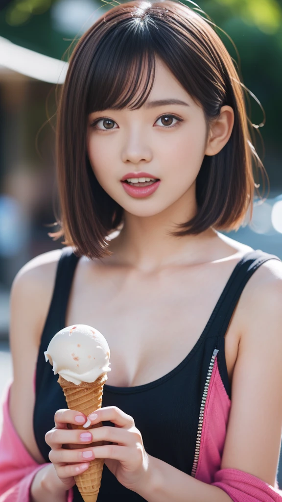 Cute Japanese Women, ((Licking ice cream)), ice cream cone, (holding ice cream cone: 1.4), Open your mouth, (Sticking out tongue: 1.3), short hair, Natural Makeup, Melting ice cream, look at me, Brown Hair, Soft lips, teeth, 8K wallpaper incorporating highly detailed CG, High resolution, Realistic photos, Cinematic Light, (最high quality: 1.4), high quality, (((Bokeh))), Depth of written boundary.